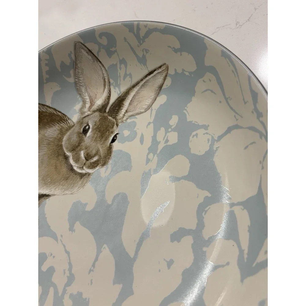 Williams Sonoma Damask Easter Bunny Large Round 3 Qt 12 3/4 Serving Bowl Lt Blue